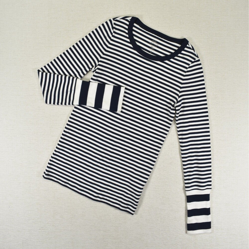 J Crew Perfect Fit Striped Long Sleeve T Shirt Womens Medium M Navy White Top